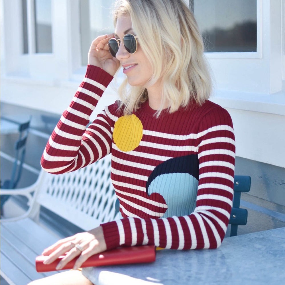 RED Valentino Red and White Striped Crew Neck Sweater